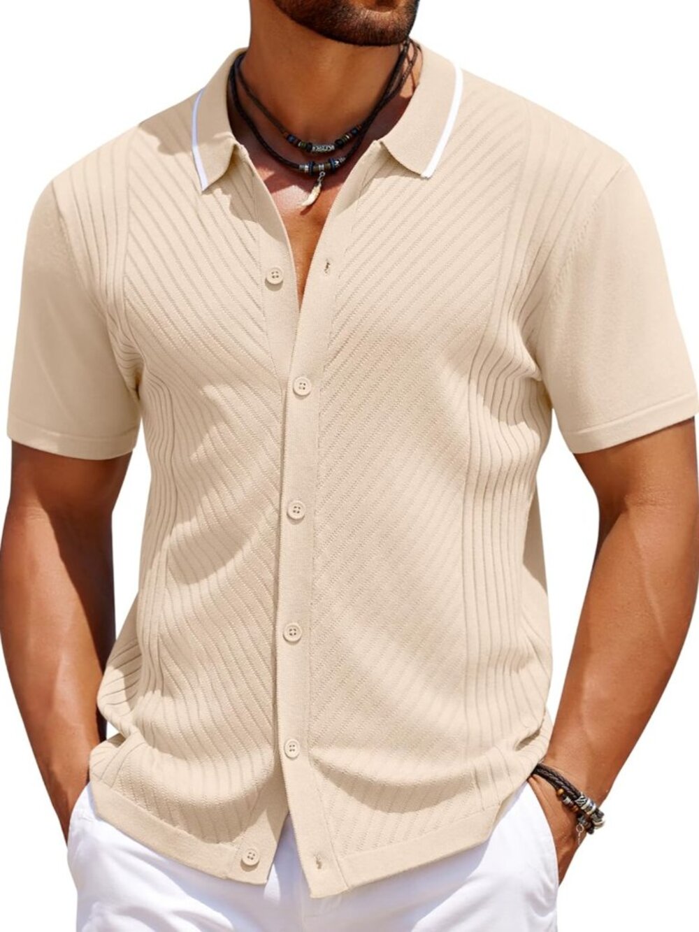 Men’s Wood Ash Knit Short Sleeve Button Down Vintage Polo Summer Shirt